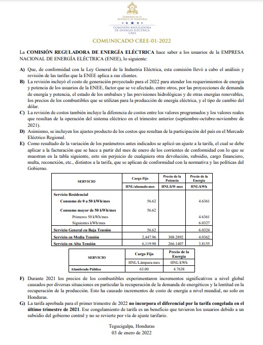 tarifa energética CREE