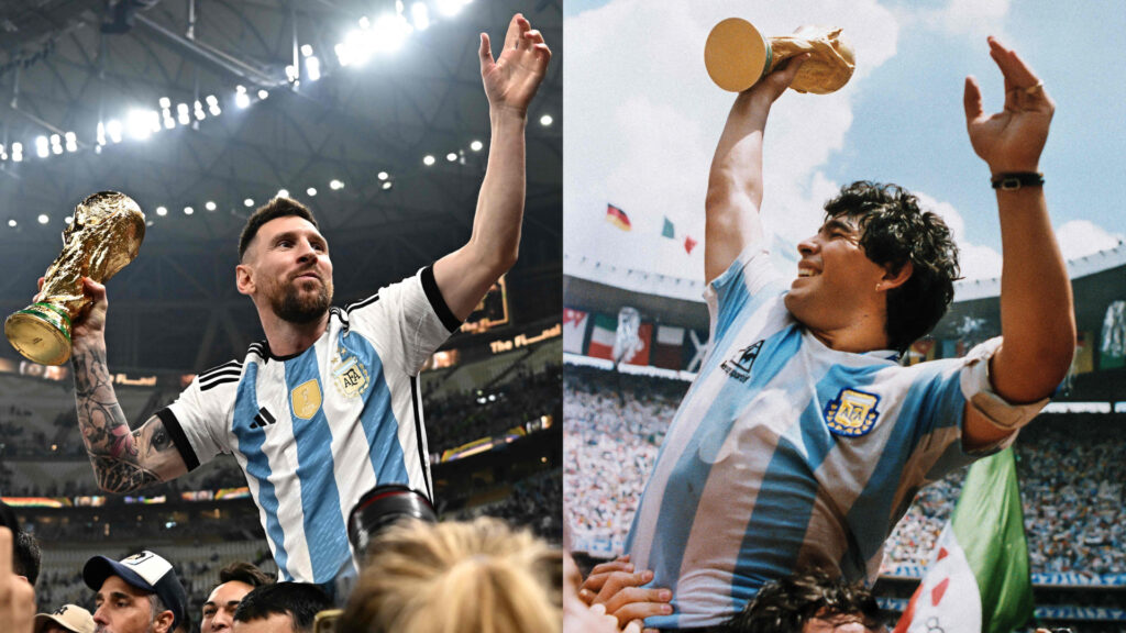 Lionel Messi and Diego Maradona World Cup Trophy (Getty Images)